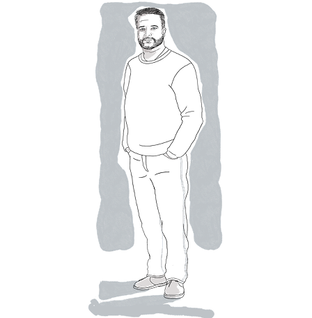 A grayscale illustration of a person standing with hands in pockets. The person is wearing casual clothing, including a long-sleeve shirt, pants, and shoes. The background consists of abstract shapes.