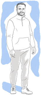 A stylized illustration of a person standing with arms at their sides. The person is wearing a long-sleeve shirt, pants, and shoes. The background consists of abstract blue shapes.