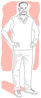 A stylized illustration of a person standing with hands on their hips. The person is wearing a long-sleeve shirt, a sleeveless sweater, pants, and shoes. The background consists of abstract red shapes.